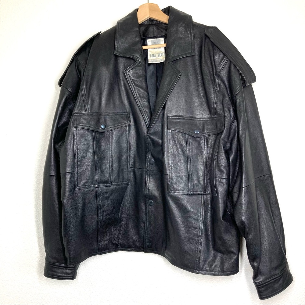 Vintage Together Oversized Bomber Leather Jacket Motorcycle Mens Large Black